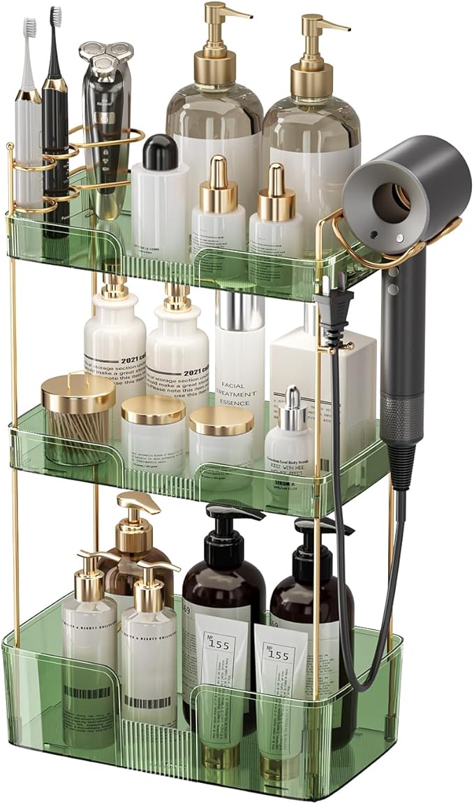 YCIA&DONE Bathroom Counter Organizer, Large Makeup Organizer Countertop, Shelf Storage, Vanity Tray, Easily Assemble for Bathroom Organizers and Storage, Undersink, Cabinet, 3 Tiers Green