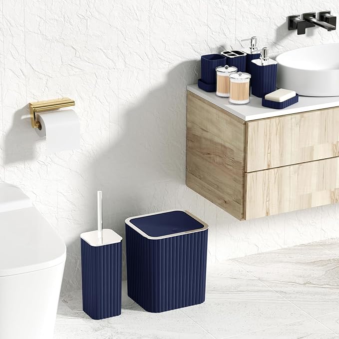 Navy Blue Bathroom Accessories Set - Gorgeous Bathroom Set, 10PC Bathroom Accessory Set, Toilet Brush, Trash Can, Qtip Holder & Soap Dispenser
