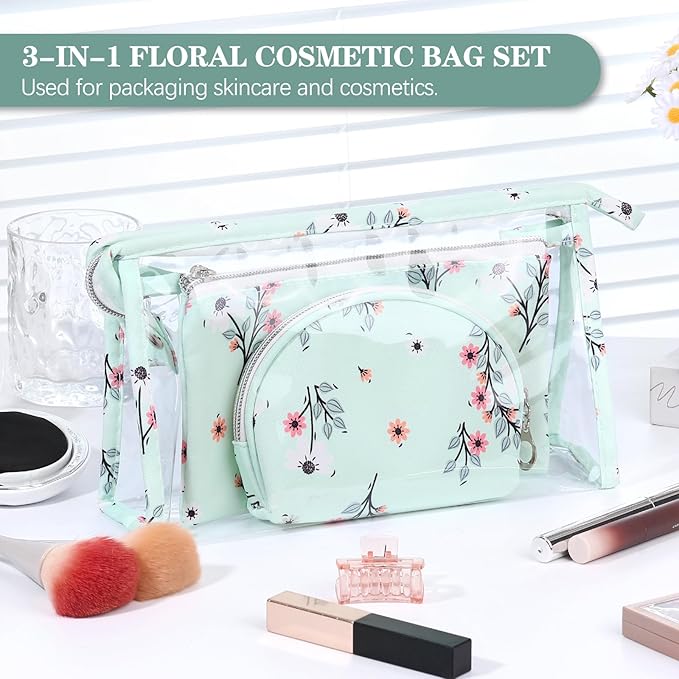 Richeart Makeup Bag, Clear Bag with Zipper, 3PC Floral Flowers Makeup Pouch, Waterproof Small Pouch, Portable Travel Toiletry Bag, B