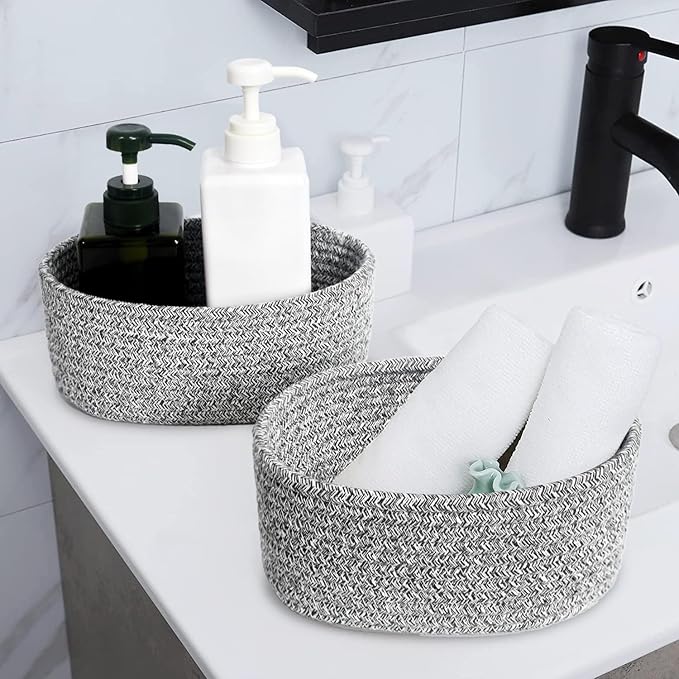 【2 Pack】ABenkle Small Woven Baskets, Tiny Oval Shallow Storage Baskets, Mini Cotton Rope Empty Decorative Basket, Boho Little Organizer Bins for Bathroom, Cat Dog Toy Gifts Baskets