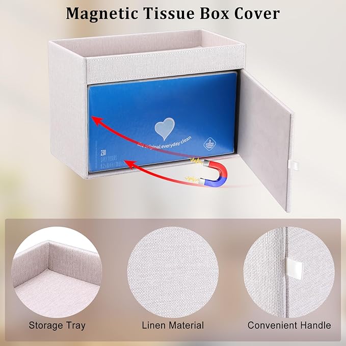 Sumnacon Tissue Box Cover with Storage Tray, Decorative Rectangular Tissue Holder Linen Facial Tissues Organizer Stylish Modern Tissue Dispenser for Bathroom Toilet Tank Vanity Dresser Table