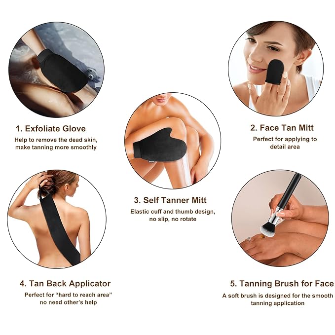 5-in-1 Self Tanner Mitt Applicator Kit - Professional Self Tanning Mitt Back Applicator, Mini Mitt, Brush and Exfoliator，No Streaks, No Orange Palms, Double-Sided Washable Tanning Gloves Set