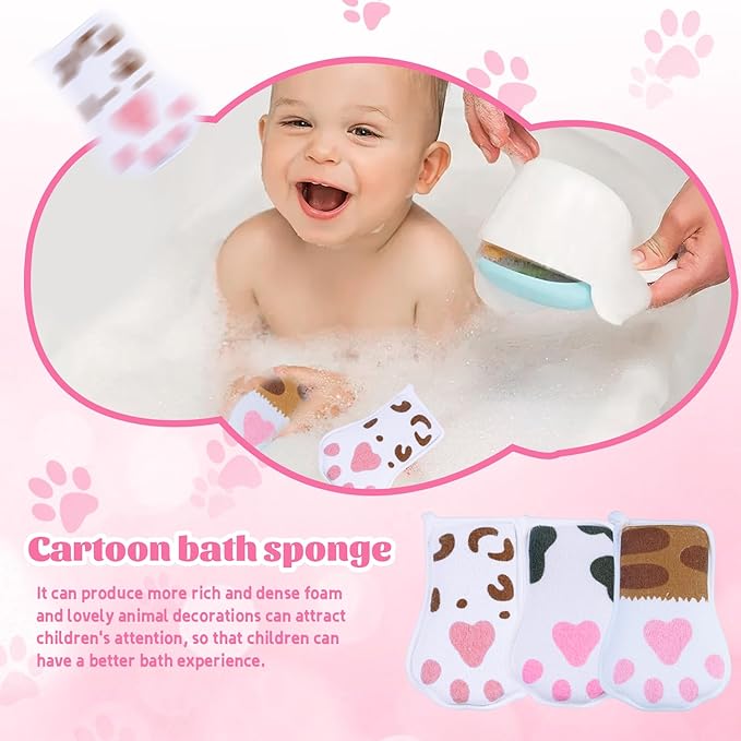 Baby and Kids Bath loofah Sponge, Easy Grip Cute Cat Paw Design Kids Body Exfoliating Body Scrubber Loofah Sponge,Bath Sponge Set Designed for Toddler, Women, Boys, and Girls (3 Pack)