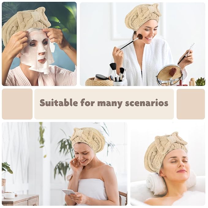 SUNLAND Large Microfiber Hair Drying Caps with Bow Knot Fast Drying Shower Cap Soft and Absorbent hairWrap Hair Turban Bath Caps for Curly Thick and Wet Hair
