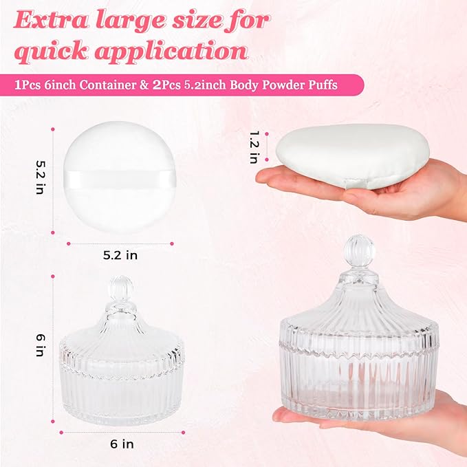 3Pcs Extra Large Body Powder Puff & Luxury 6" Glass Jar Dusting Powder Container with Puff for Women Bath Powder Puffs Perfect for Talcum or Loose Powder (White)