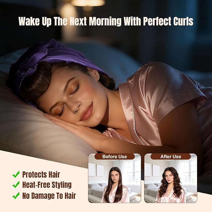 TULOBI 3 Pcs Heatless Curls Overnight - Upgraded Velvet Heatless Hair Curler with Velcro Fastener, Overnight Jumbo Blowout Rods, Hair Curlers to Sleep in for All Hair Types (Purple)