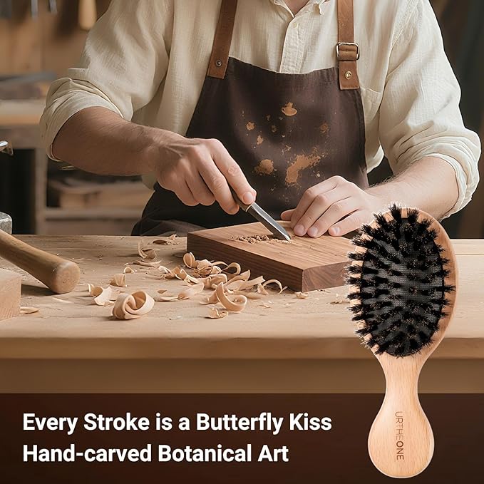 URTHEONE 100% Pure Boar Bristle Hair Brush - Mini Travel Size Wooden Brush for Shine, Frizz Control & Scalp Massage, Natural Pocket Hairbrush for Women Men Kids, Portable for Purse Car Office
