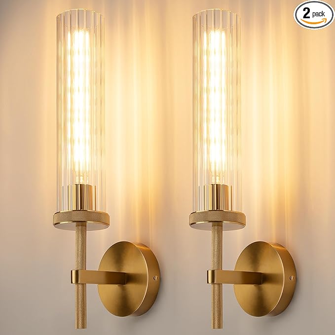19.5" Knurled Gold Hardwired Wall Sconces Set of 2, Bathroom Vanity Light Fixtures with Vertical Striped Glass Tube, Modern Lamp Lighting for Bedroom, Living Room, Hallway, Staircase, Mirror, Kitchen