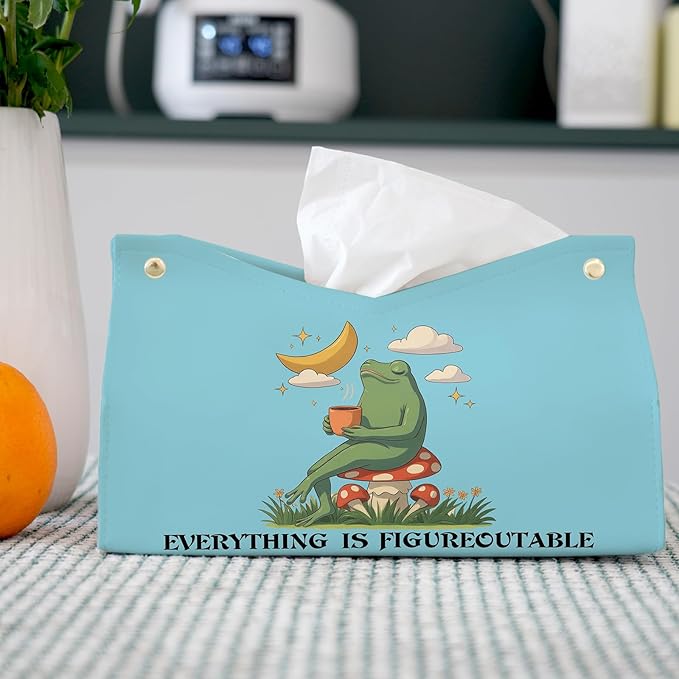 Bule Frog Motivational Tissue Box Cover,Mental Health Inspirational Toilet Paper Box Holder,Leather Decorative Facial Paper Case for Living Room Bathroom Kitchen Office Desk,9.8x5.9x5.9