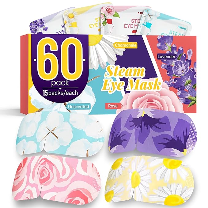 60 Pack Steam Eye Masks Disposable for Dry Eyes, Heated Eye Mask Warm Compress for Eyes, Relaxation Mothers Day Gifts Self Care for Women, Spa Travel Essentials - Lavender, Unscented, Chamomile, Rose