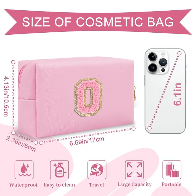 Personalized Initial A-Z Preppy Patch Makeup Bag,Small PU Leather Chenille Letter Cosmetic Bag with Zipper for Teen Girls,Pink Cute Travel Toiletry Bag,Birthday Monogrammed Gift for Daughter,Letter O