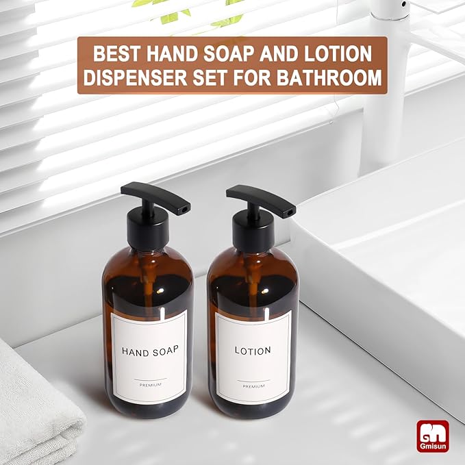 GMISUN Amber Glass Soap Dispenser, 2 Pack Bathroom Hand Soap Dispensers with Stainless Steel Pump, 17 Fl Oz Kitchen Hand and Dish Soap Dispenser Set, Modern Vintage Liquid Brown Soap Dispensers Bottle