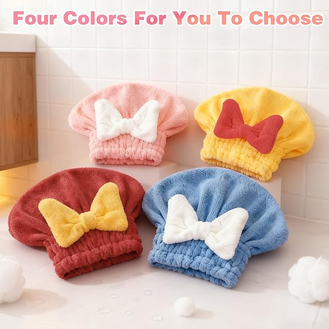 Microfiber Hair Drying Caps, Christmas Absorbent Hair Towel Wrap for Women Wet Hair Quick-Drying Hair Towels, Soft Bow Tie Wet Hair Towel Wrap for Party Favors Goody Bag Filler (Pink+Blue)