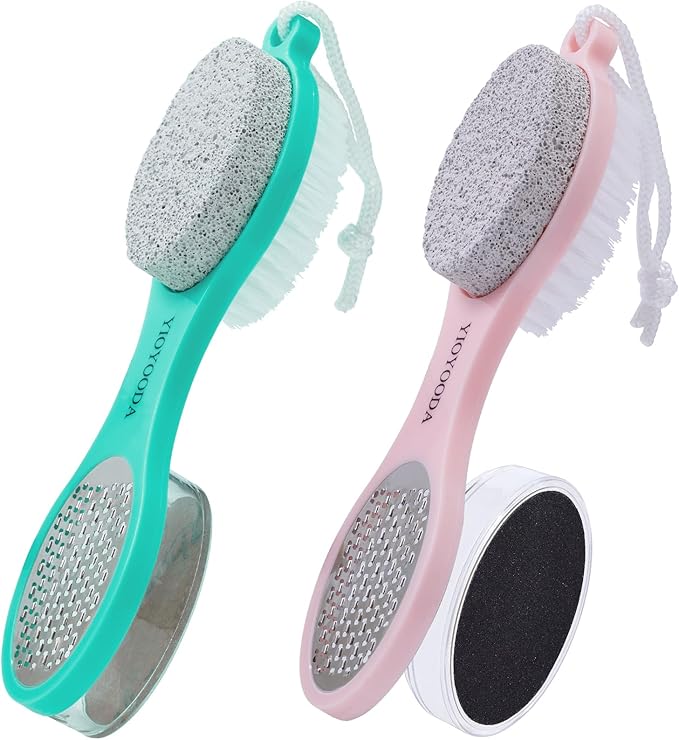 Foot File Callus Remover 5-in-1, 2 Pcs Feet Scraper Pedicure Tools with Pumice Stone, Scrubber Brush, Stainless Steel Foot Rasp and Sand Paper Debris Catcher, Multi Purpose, Pink Cyan