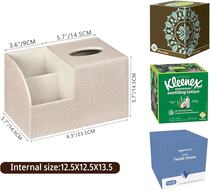 PU Leather Square Tissue Box Cover - Multi-Functional Tissue Box Holder, Tissue Box Cover with Storage ,Tissue and Remote Control Holder, Cube Tissue Box Organizer Bedroom Nightstand End Table