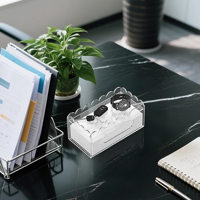 LUGUNU Acrylic Tissue Box Holder, Clear Rectangular Tissue Box Cover with Storage Tray, Modern Decorative Tissue Holder for Living Room, Bathroom and Office, 9.8x5x4.5 Inch