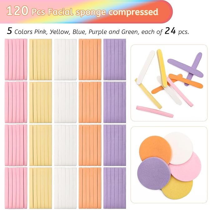 120 Pcs Facial Sponge Compressed, Luxiv 5 Colors Face Cleansing Sponge Estheticians Compressed Makeup Facial Sponge Round Wash Face Sponges for Women Compress Exfoliating Removal Sponge (Mix-color B)