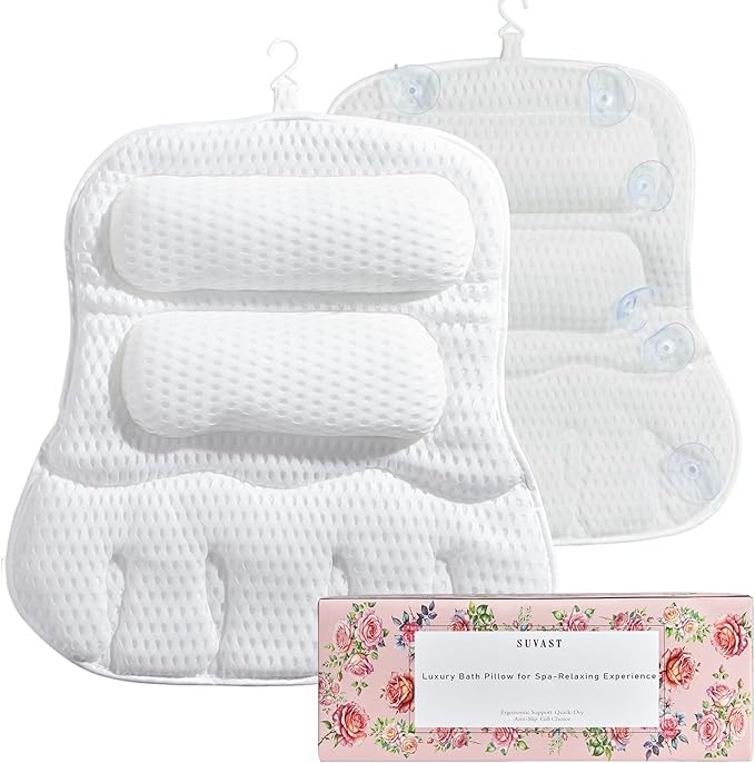 Bath Pillows for Tub, Full-Body Relaxation with Head, Neck & Shoulder Support, Ergonomic Design, 10 Suction Cups, Breathable 4D Air Mesh (White)