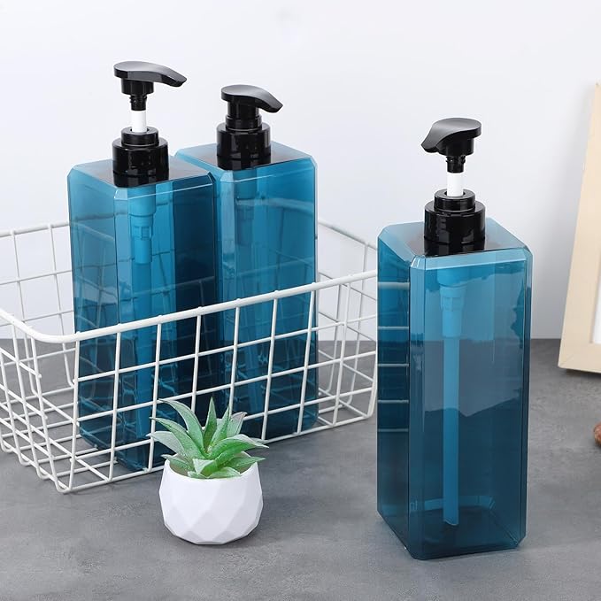 Suream 33.8oz/1000ml Lotion Dispenser, 3PCS Blue Refillable Shampoo and Conditioner Bottles with Labels, Square Soap Dispenser Set for Essential Oil Lotion Shampoo