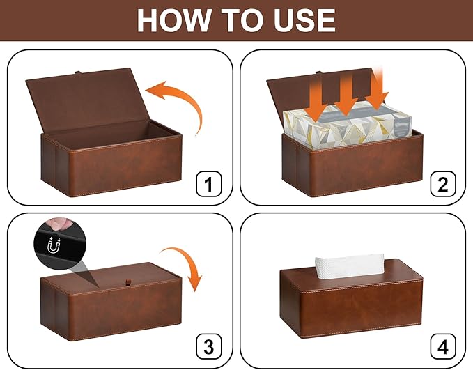 Tissue Box Cover Rectangular 9.8"(L) x 5.3"(W) x 4.3"(H) Refined Modern PU Leather Facial Tissue Dispenser Box Holder for Dresser Bathroom Decorative (Brown)