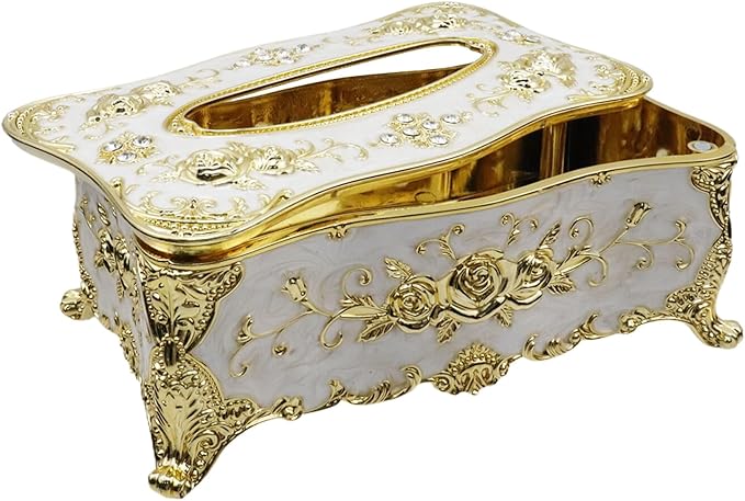 9.45"x5.43"x3.94" Luxurious Rose Tissue Box with Imitation Diamonds, Embossed Flowers, Elegant Tissue Paper Holders for Home Toilet Bath Hotel,Gold-White