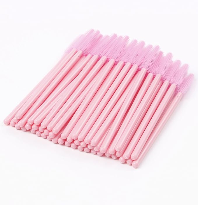 BIHRTC Pack of 100 One-Off Disposable Silicone Eyelash Mascara Brushes Wands Applicator Eyebrow Brush Makeup Tool Kit Set (Tower Shape - Pink)