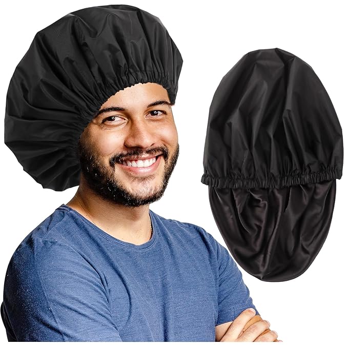 Adjustable Shower Caps for Men Women Reusable Waterproof Satin Lining Large Shower Cap for Long Hair Braids Curly Hair (L,Black/Black)