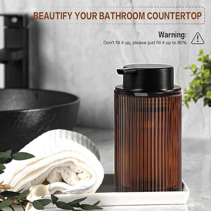 Amber Glass Foaming Soap Dispenser, Ribbed Foam Hand Soap Dispenser for Bathroom, 11 Fl Oz 2 Pack Refillable Foaming Pump Bottle with Black Pump, Modern Dish Soap Foam Dispenser