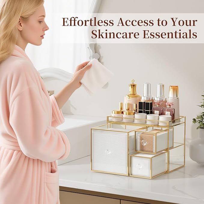 Tempered Glass Face Towel Holder with 3 Drawers, Bathroom Vanity Organizer for Disposable Face Towels, Cotton Pads, Swabs and Skincare Tools