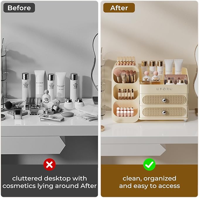 Makeup Organizer for Vanity with Brush Holder, Countertop Skincare Organizer with 2 Drawers, Spacious Cosmetic Display Case for Perfumes, Eyeshadow Palettes, Nail Polishes
