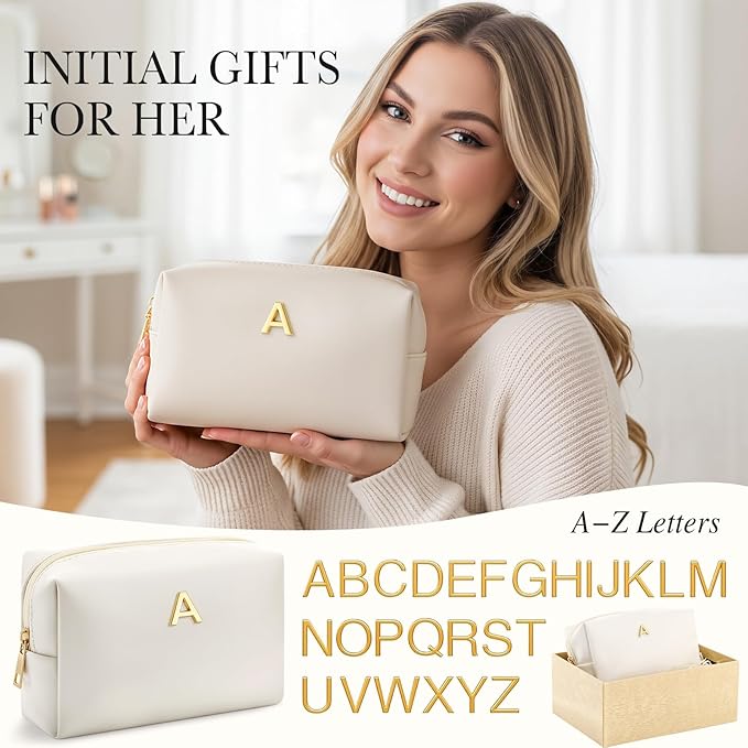 Kigeli Initial Makeup Bag for Women Beige Leather Easter Basket Gifts Monogram Cosmetic Bag Small Travel Toiletry Pouch Wedding Birthday Graduation Bridesmaid Gifts for Teen Girls Women Teachers(A)
