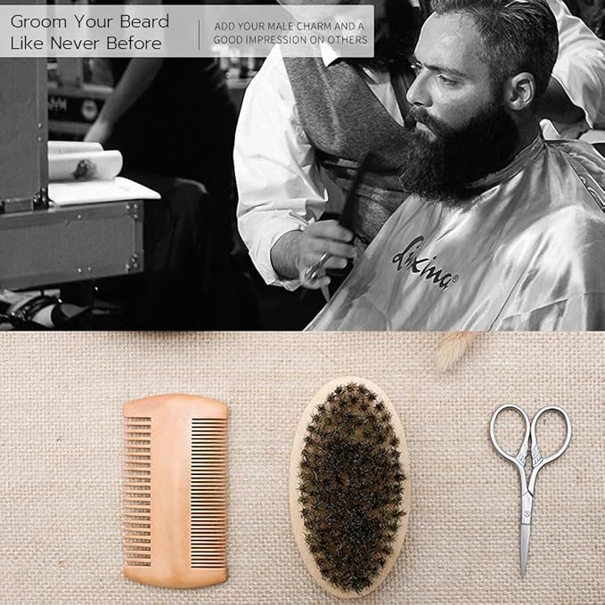 Hair Dough Beard Brush & Comb, Scissors Set for Men, Set Includes Soft Boar Bristle Brush, Bamboo Wide Tooth Comb, and Mustache Trimming Scissors, Straighten & Soften Your Beard