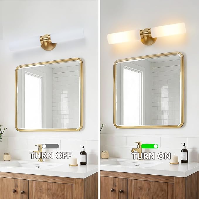 2 Light Brushed Brass Gold Bathroom Light Fixture Over Mirror, Modern Farmhouse Bathroom Vanity Lights with Milky White Frosted Glass Shade, Wall Sconce for Hallway Cabinet Bedroom Porch
