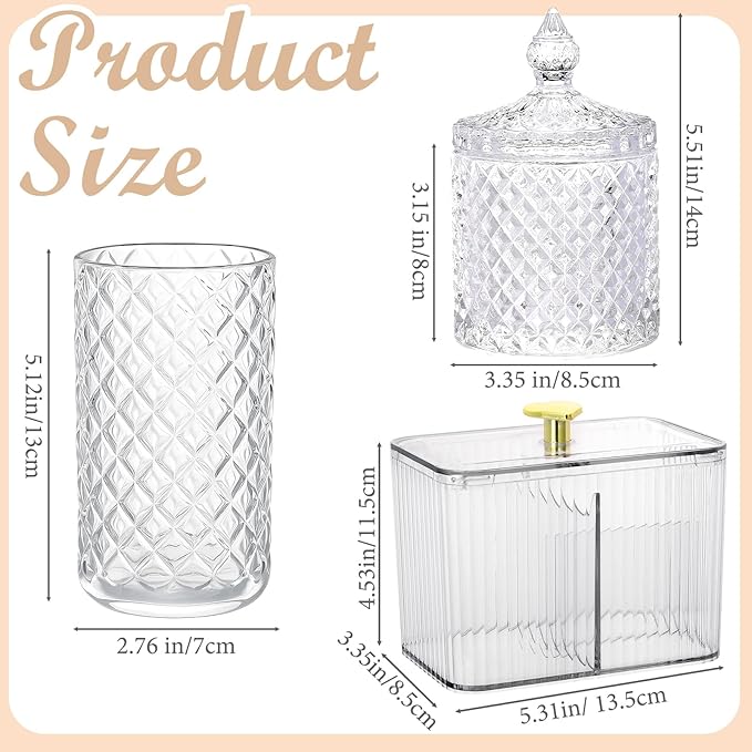 3 Pcs Qtip Holder Dispenser Bathroom Set Cotton Ball Holder Cotton Swabs/ball Storage Box 3 Grids Partition Cosmetics Storage Dispenser for Vanity Tray Candy Container Jar For Home (White)