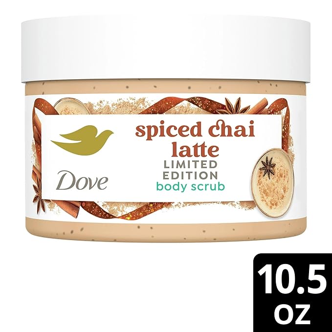 Dove Exfoliating Body Scrub – Spiced Chai Latte, Deeply Nourishing Exfoliant with ¼ Moisturizing Cream, 10.5 oz