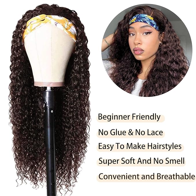 Aiterina Headband Wig Human Hair Headband Wig Deep Wave Human Hair Wigs for Black Women Glueless Human Hair Wigs Machine Made 150% Density No Lace Deep Headband Wig Chocolate Brown 26 inch