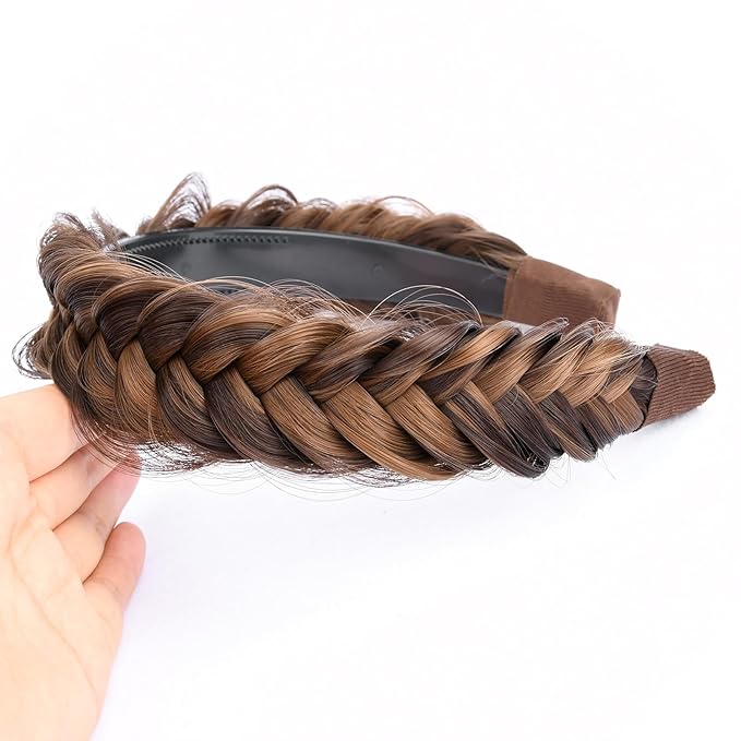 DIGUAN Wide Messy Braided Headband With Teeth Synthetic Hair Plaited Headband High Elasticity Braids Chunky Fishtail Braided Hair Band Hairpiece for Girls Women (Chocolate Toast)