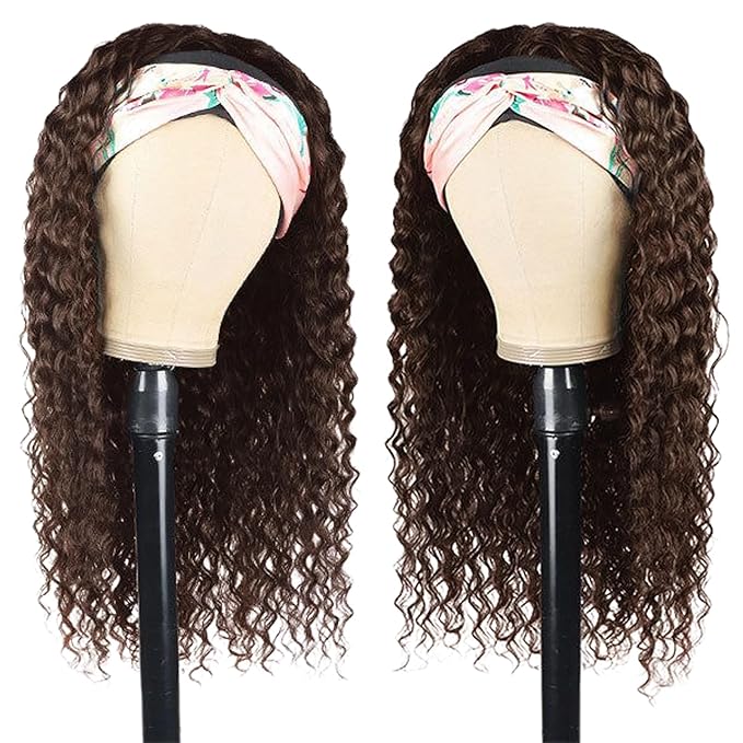 Aiterina Headband Wig Human Hair Headband Wig Deep Wave Human Hair Wigs for Black Women Glueless Human Hair Wigs Machine Made 150% Density No Lace Deep Headband Wig Chocolate Brown 14 inch