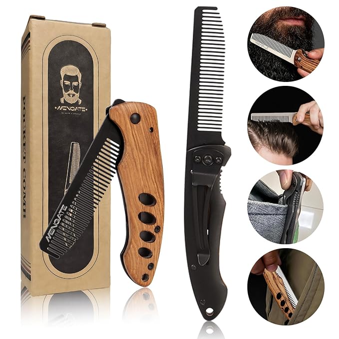 1PC Small Folding Pocket Beard & Mustache & Hair Styling Comb for Men - Metal Tactical Grooming Tool with Wooden Handle for Travel & Home Use - Idea for Stocking Stuffers - Length 6.57inch - Black