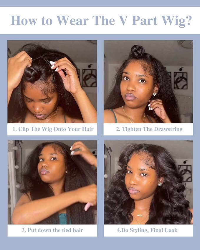 200% Density V Part Wigs Human Hair with Drawstring Kinky Straight Upgrade U Part Human Hair Wigs for Women Glueless Clip in Half Wigs Human Hair Magic Leave out 270g 18inch #1B Natural Black