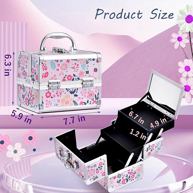 Joligrace Makeup Case for Girls Cosmetic Train Case Makeup Storage Box Jewelry Organizer Hair Accessories Lockable with Trays & Mirror Floral