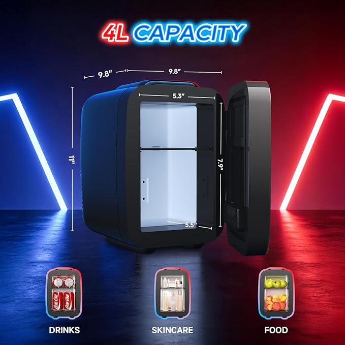 Mini Fridge, 4L/6 Can Small fridge with Dimmable Gaming Light for Bedroom,Office,Gaming room and Car,AC/DC Portable Thermoelectric Cooler & Warmer for Food, Drinks, Skincare,Black