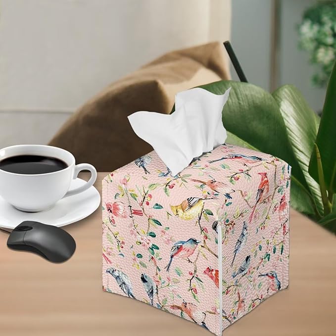 Bird Flowers Tissue Box Holder, PU Leather Square Napkin Cover with Metal Button, Waterproof Tissue Organizer for Nightstand, Dining Table, Office Desk, and Car Interior