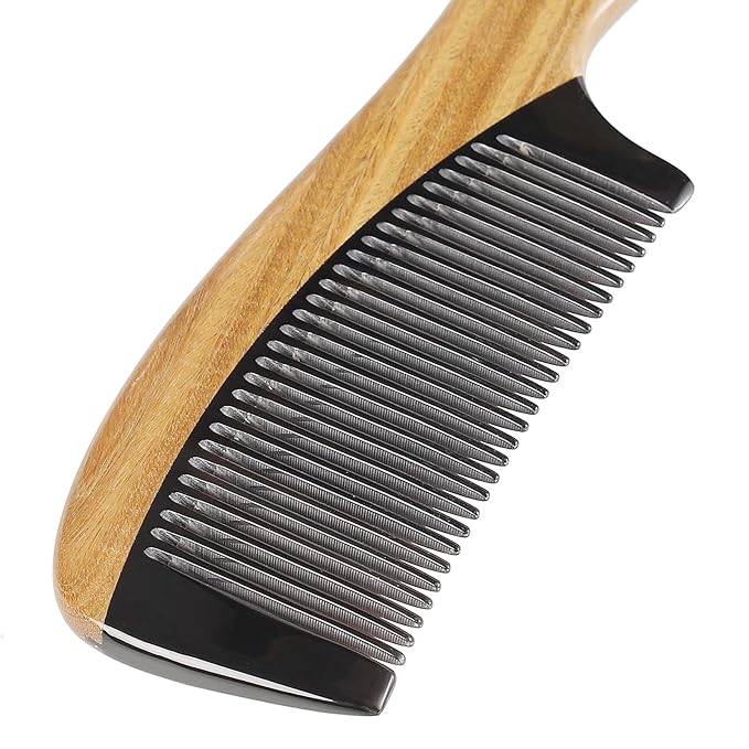Onedor Natural Green Sandalwood Hair Comb - 100% Handmade Wooden Comb with Buffalo Horn, Fine Tooth, Anti-Static, Relieves Tension, Prevents Tangled Hair and Split Ends - Unisex, 7 x 3 x 2 inches