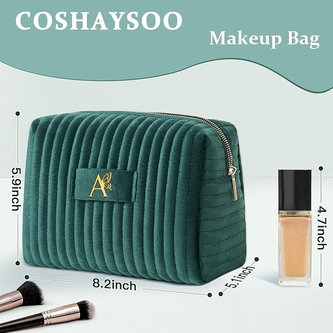 COSHAYSOO Mom Birthday Gift Ideas Mother of the Bride Valentines Gifts for Mama New Mommy from Daughter Travel Makeup Bag Quilted Make Up Cosmetic Pouch Aesthetic Monogram Green Initial Letter A