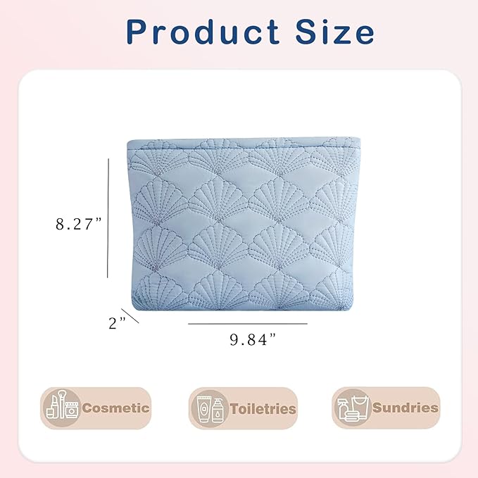 uekeboag White Quilted Cotton Makeup Pouch,Coquette Quilted Toiletry Bag for Women and Girls, Floral Coquette Organizer Bag, Aesthetic Travel Cosmetic Bags(LightBlue Shell)