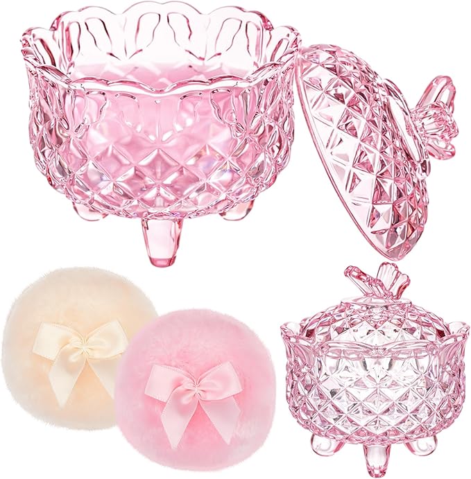 Tioncy 3 Pcs Large Body Powder Puff and Container Valentine's Day gift Powder Container with Puff Crystal Case Soft Washable Reusable Velour Face Body Glitter Wet Dry Makeup(Butterfly,Pink)
