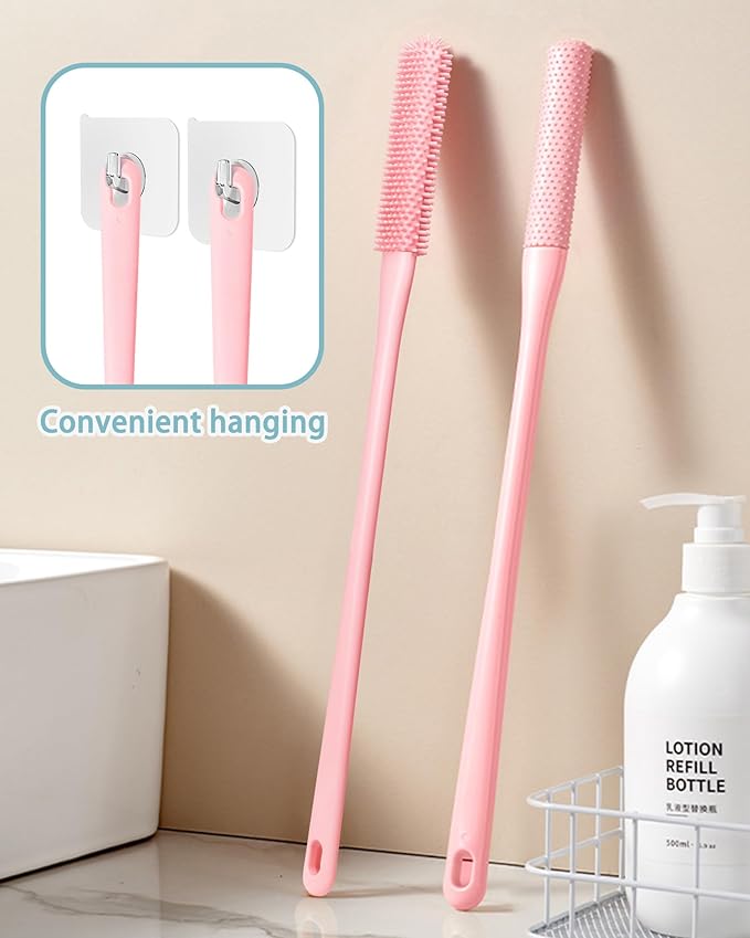 2 Pack Toe Cleaning Brush,15.7" Long Handle Silicone Foot Scrubber Bath Brush Bathroom Cleaner for Seniors Elderly Men and Women (Pink)