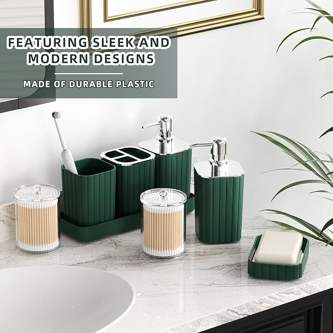 Bathroom Set- 25PC Green Bathroom Sets, Bathroom Set with Shower Curtain and Rugs, Dark Green Shower Curtain Set, Bathroom Accessories Set, Bathroom Trash Can