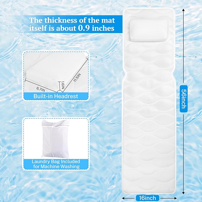Bath Pillow for Tub with Laundry Bag & 17 Non-Slip Suction Cups, Extra Thick and Soft Bathtub Pillow for Head, Neck & Shoulder Support, 56" x 16" White